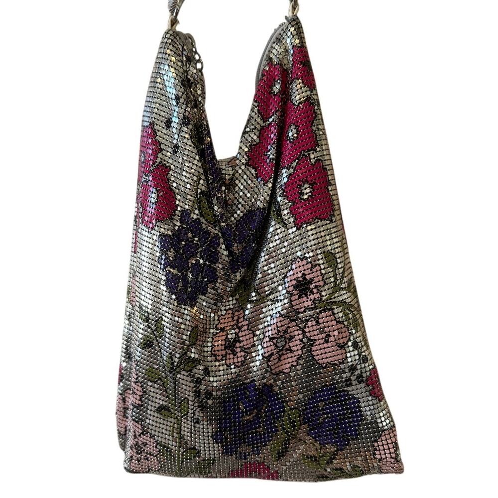 Whiting & Davis Rare Glam Slouchy Mesh Bag Silver Floral Print